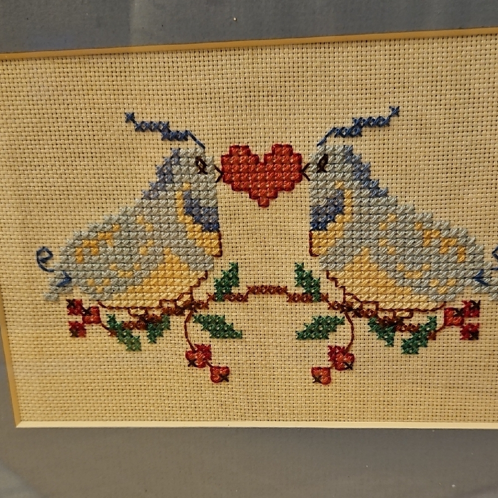 Framed Blue Bird Cross-Stitch Wall Accent with Red Heart: Frame 8x10